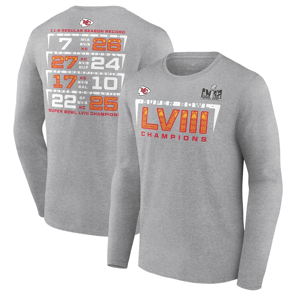 Men's Fanatics Heather Charcoal Kansas City Chiefs Super Bowl LVIII Champions Counting Points Score Long Sleeve T-Shirt