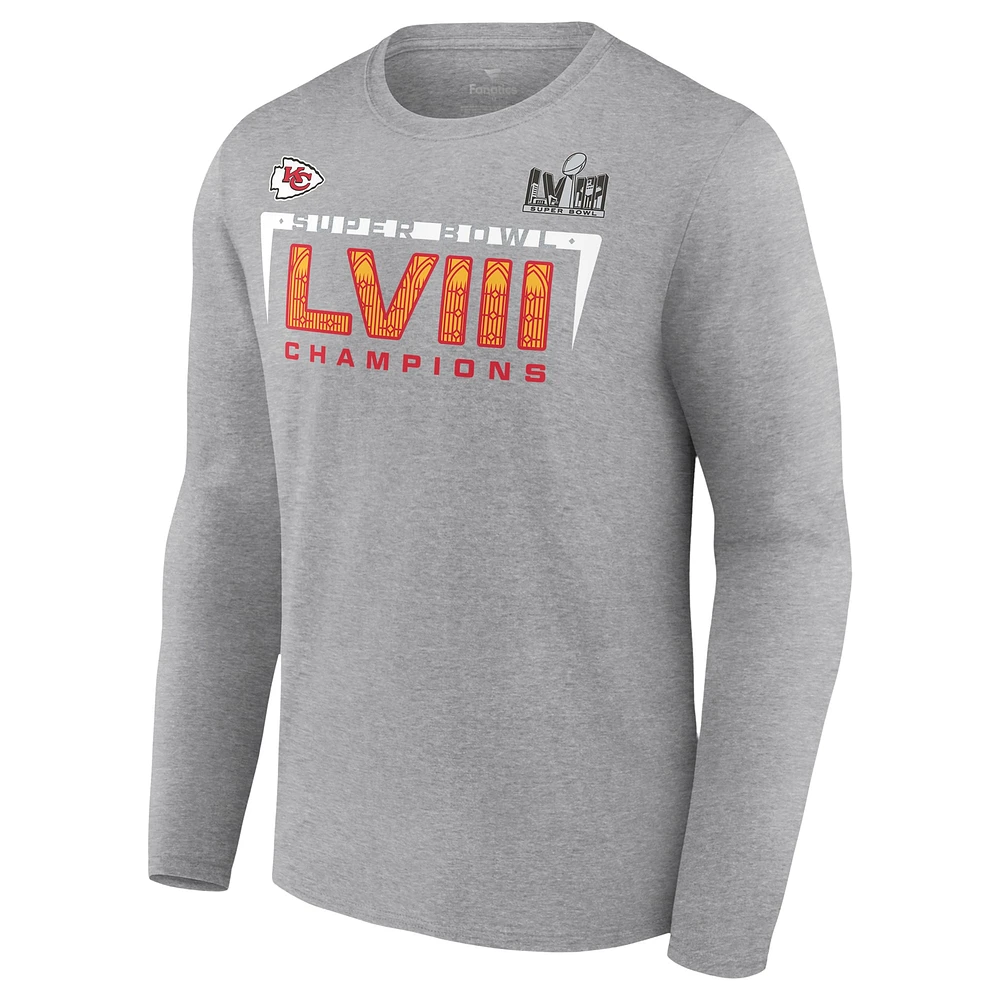 Men's Fanatics Heather Charcoal Kansas City Chiefs Super Bowl LVIII Champions Counting Points Score Long Sleeve T-Shirt