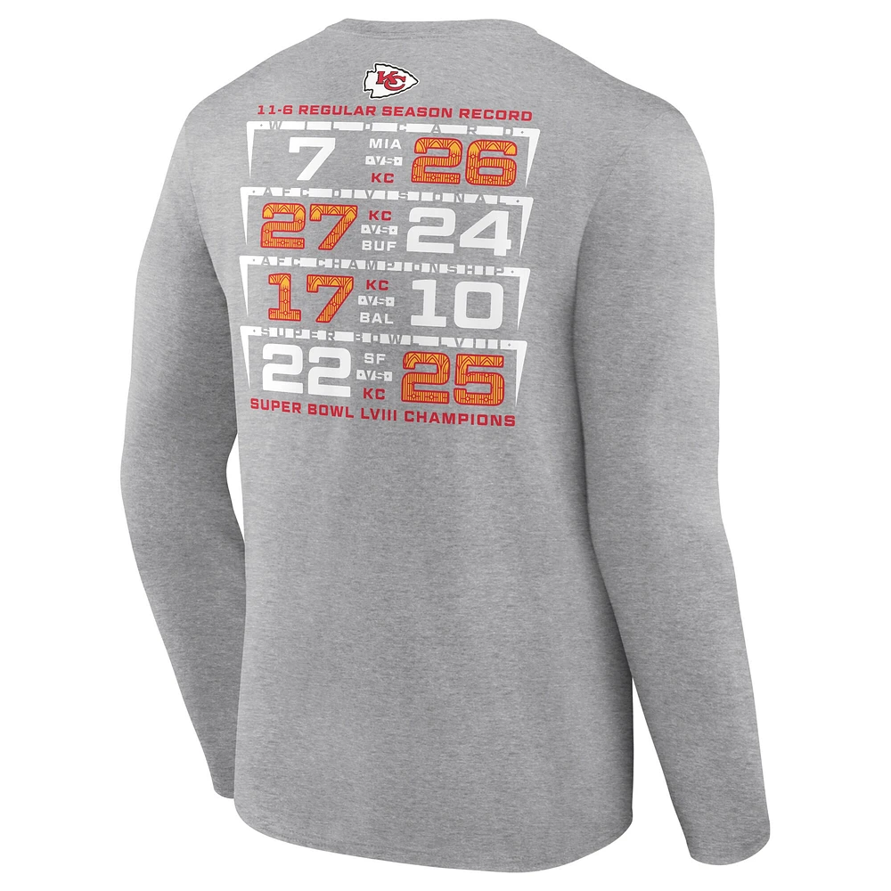 Men's Fanatics Heather Charcoal Kansas City Chiefs Super Bowl LVIII Champions Counting Points Score Long Sleeve T-Shirt