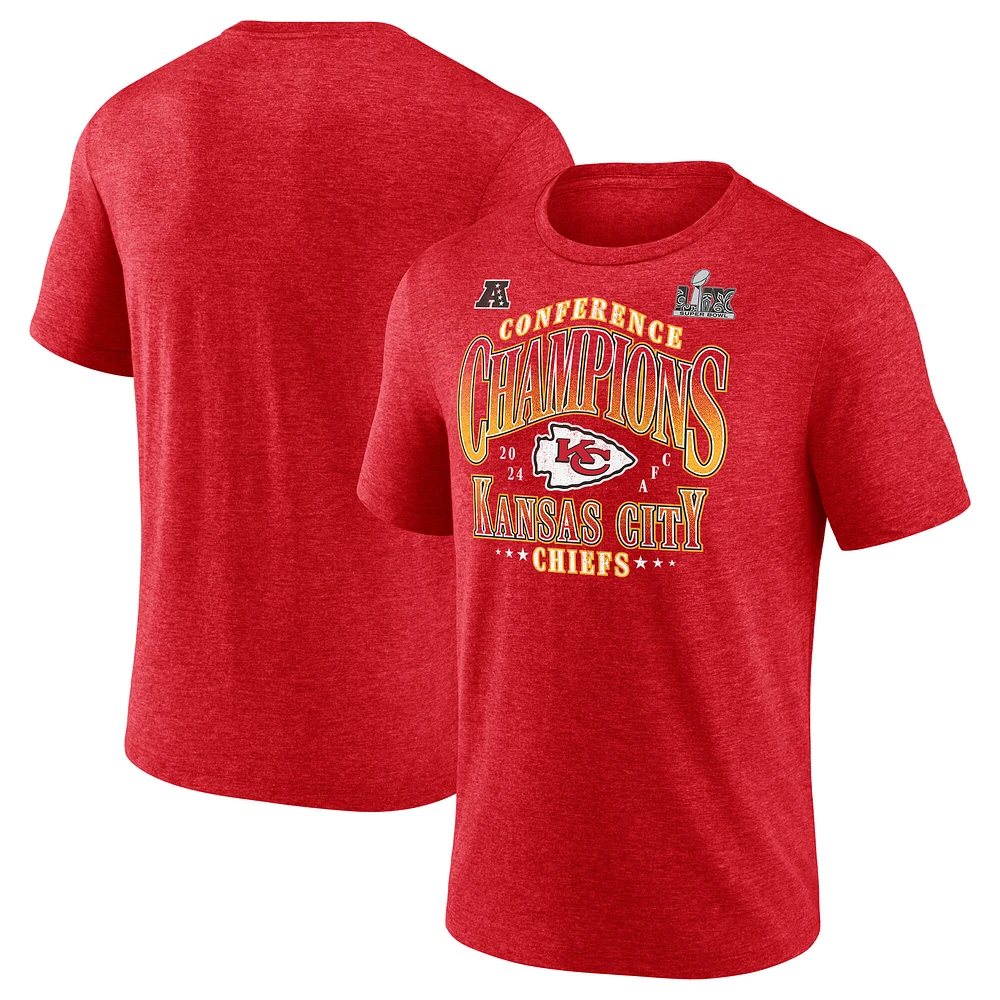 Men's Fanatics  Heather Red Kansas City Chiefs 2024 AFC Champions Right Side Draw Tri-Blend T-Shirt