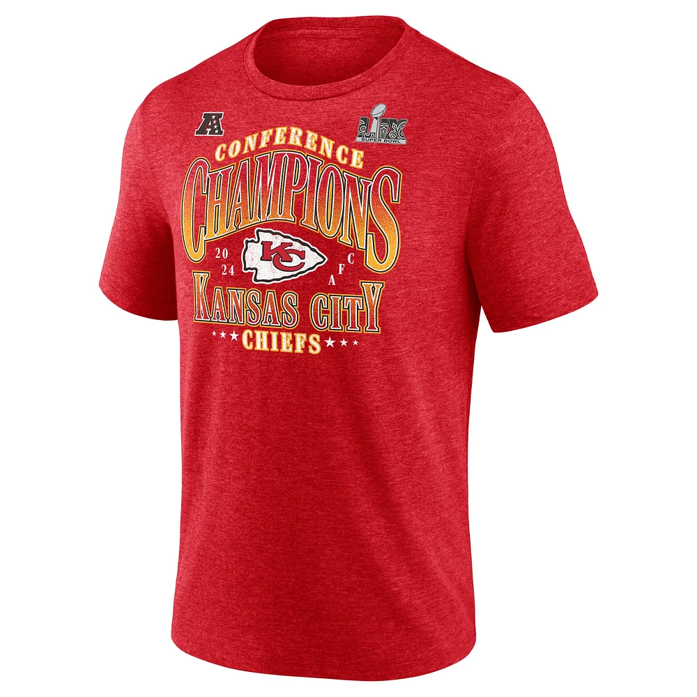 Men's Fanatics  Heather Red Kansas City Chiefs 2024 AFC Champions Right Side Draw Tri-Blend T-Shirt