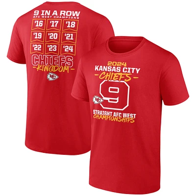 T-shirt rouge Fanatics pour hommes Kansas City Chiefs, neuf champions consécutifs de la division ouest l'AFC, taille grande et