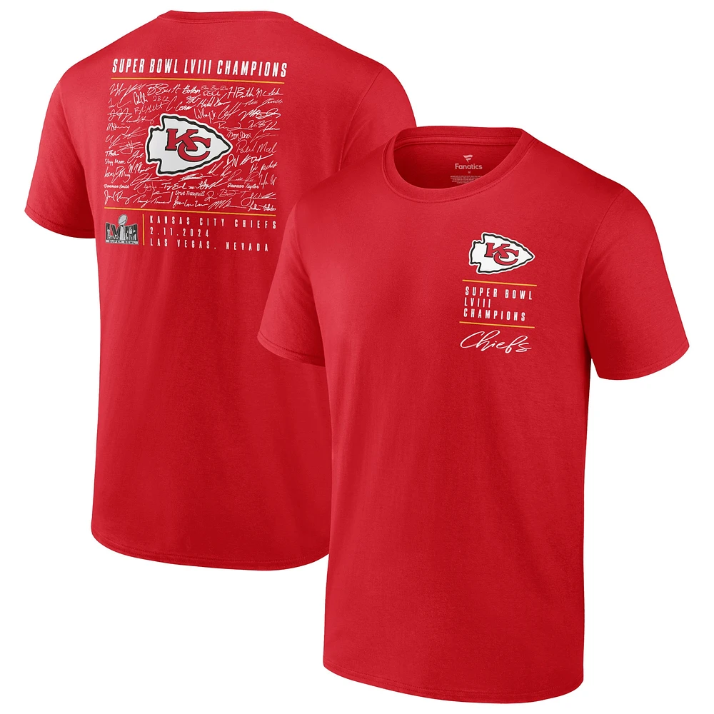 T-shirt rouge Fanatics pour hommes des Chiefs de Kansas City Super Bowl LVIII Champions Signature Roster Big & Tall