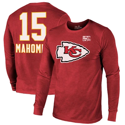 Men's Majestic Threads Patrick Mahomes Red Kansas City Chiefs Super Bowl LIX Player Name & Number Tri-Blend Long Sleeve T-Shirt