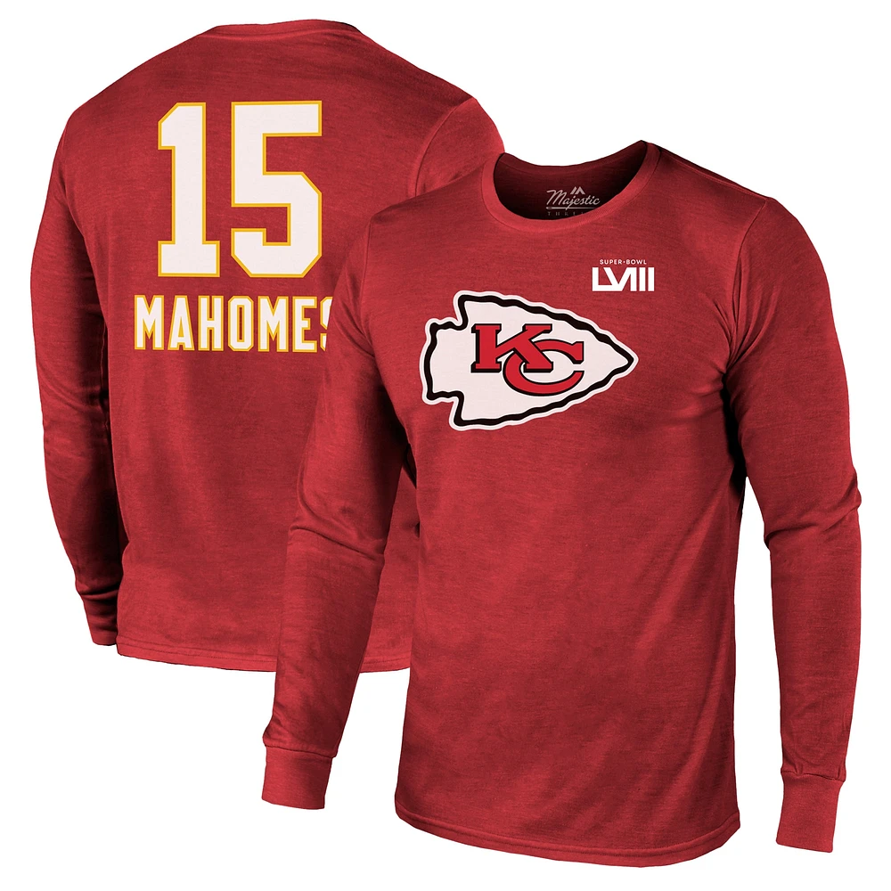 Majestic Threads pour hommes Patrick Mahomes Rouge Kansas City Chiefs Super Bowl LVIII Nom et numéro Tri-Blend T-shirt à manches longues