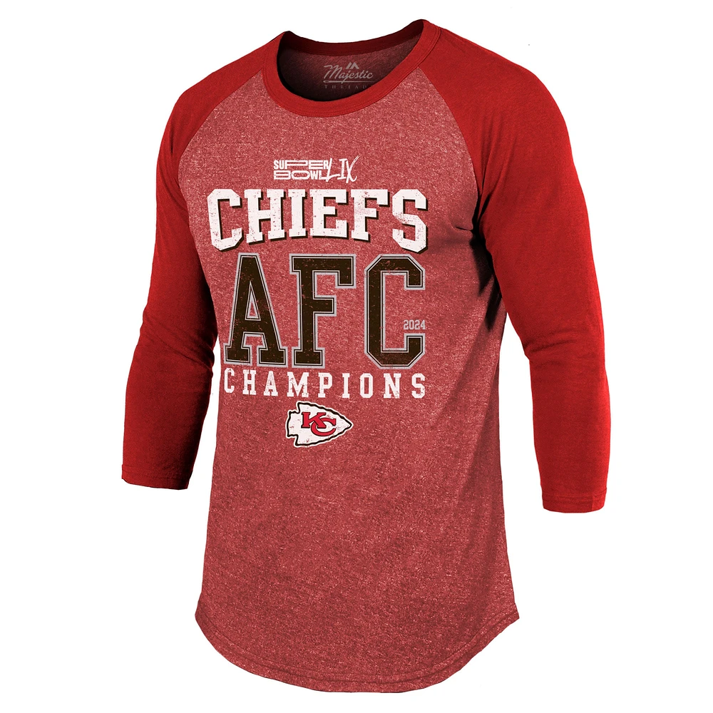 Men's Majestic Threads  Red Kansas City Chiefs 2024 AFC Champions 3/4-Sleeve Raglan Tri-Blend T-Shirt