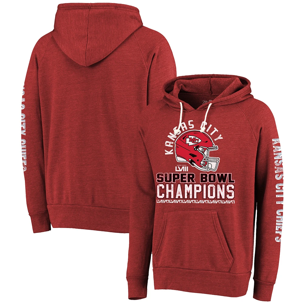 Men's Majestic Threads Red Kansas City Chiefs Super Bowl LVIII Champions Lightweight Tri-Blend Pullover Hoodie