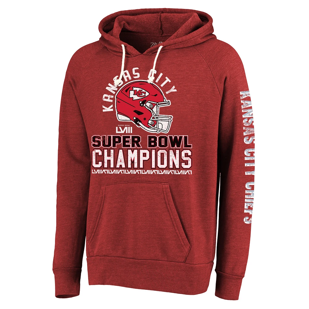 Men's Majestic Threads Red Kansas City Chiefs Super Bowl LVIII Champions Lightweight Tri-Blend Pullover Hoodie