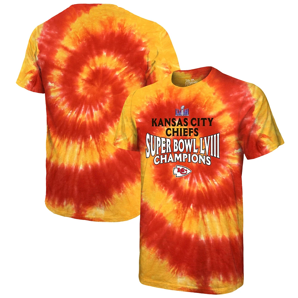 T-shirt rouge Majestic Threads pour hommes des Chiefs de Kansas City Super Bowl LVIII Champions doux à la main tie-dye