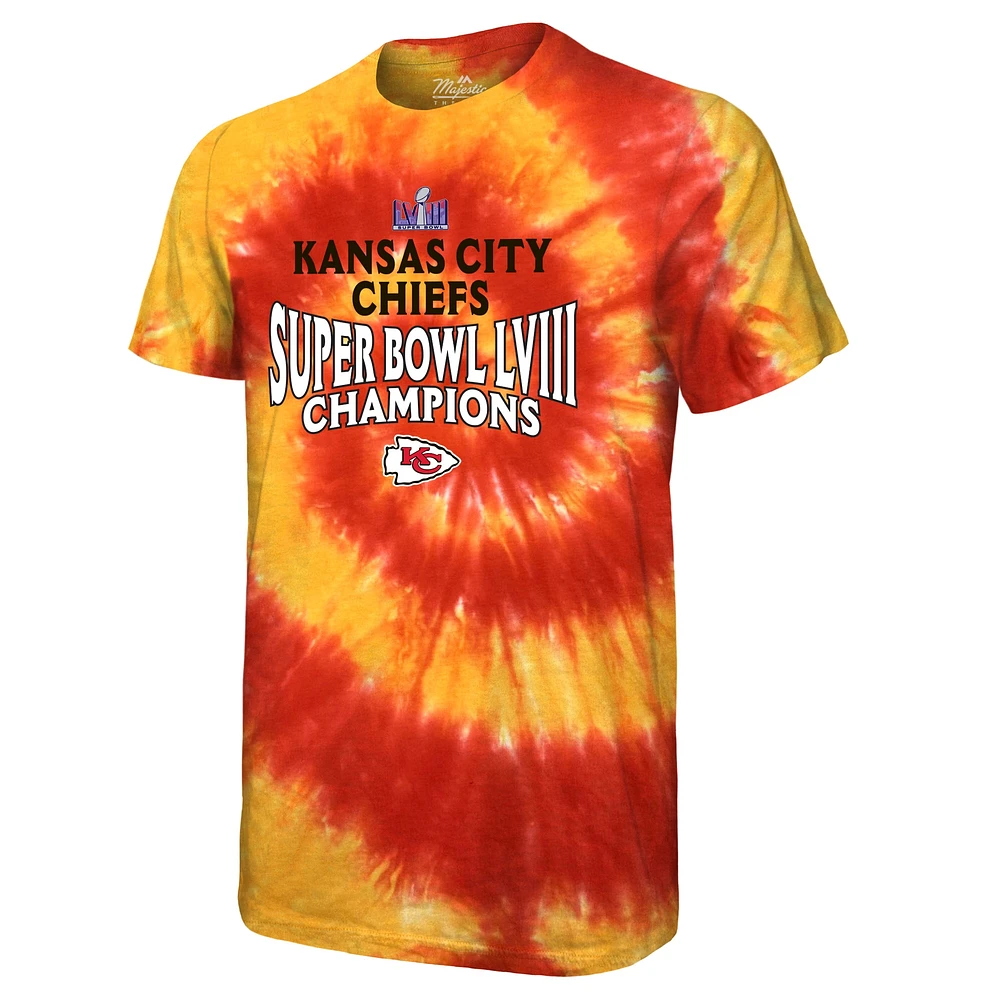 T-shirt rouge Majestic Threads pour hommes des Chiefs de Kansas City Super Bowl LVIII Champions doux à la main tie-dye