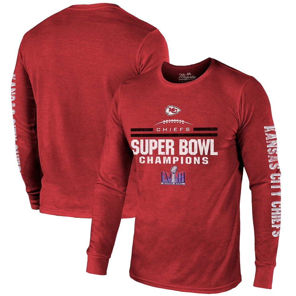 Men's Majestic Threads Red Kansas City Chiefs Super Bowl LVIII Champions Tri-Blend Long Sleeve Hit T-Shirt