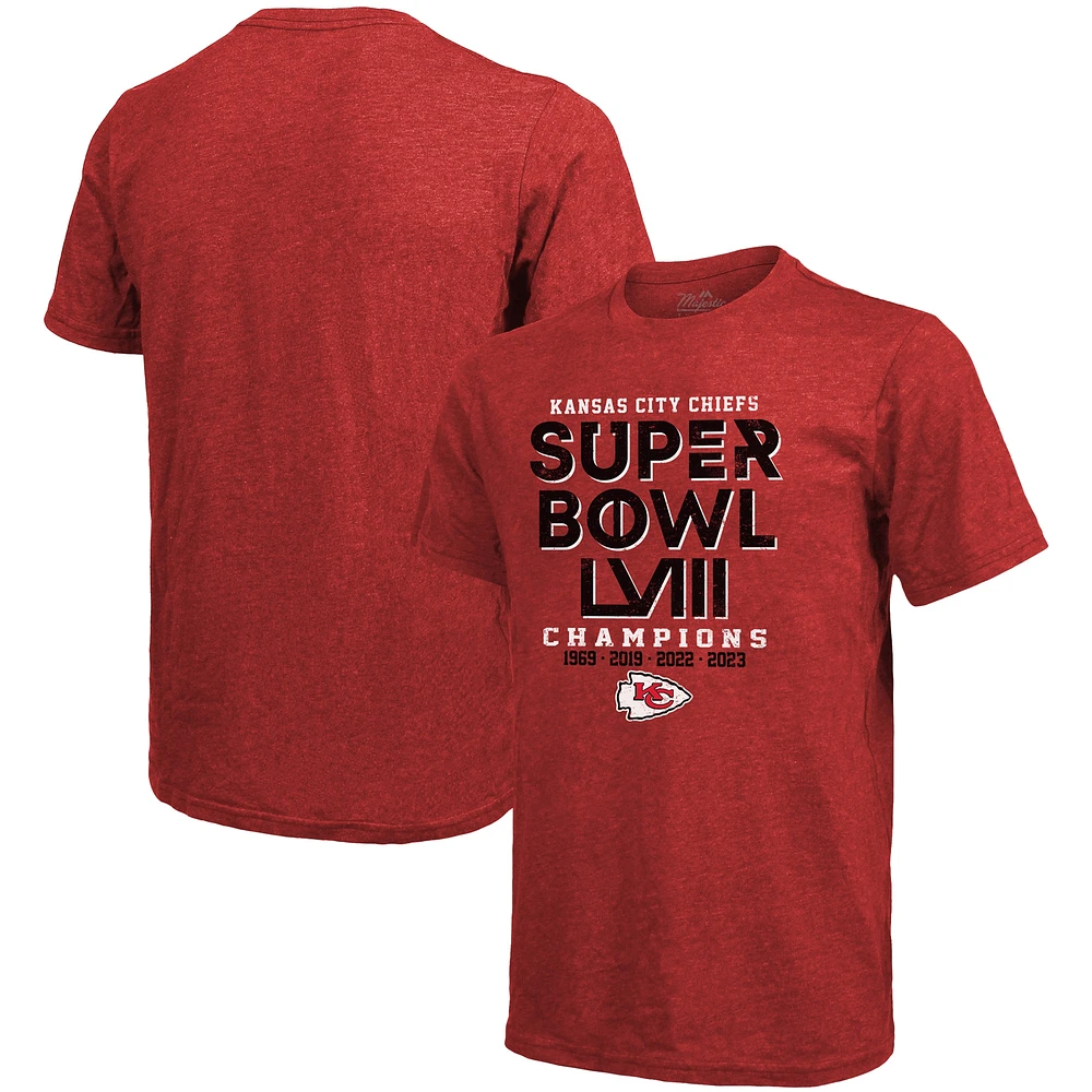 T-shirt rouge à trois mélanges Majestic Threads pour hommes des Chiefs de Kansas City Super Bowl LVIII Champions