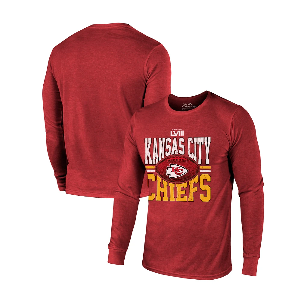 T-shirt rouge à manches longues en trois mélanges Majestic Threads pour hommes des Chiefs de Kansas City Super Bowl LVIII