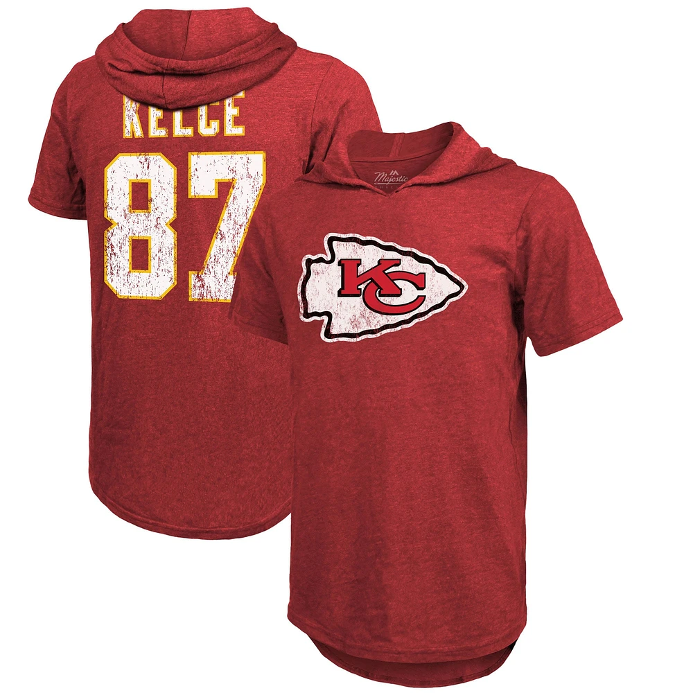 T-shirt à capuche tri-mélange avec nom et numéro du joueur Majestic Threads Travis Kelce des Chiefs de Kansas City rouge pour hommes