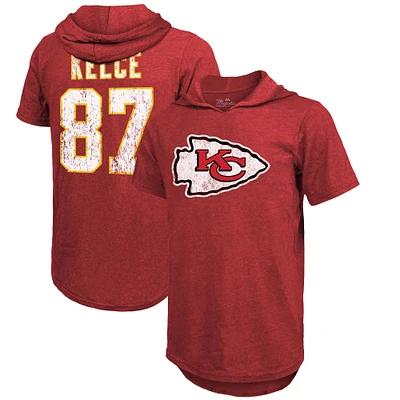 T-shirt à capuche tri-mélange avec nom et numéro du joueur Majestic Threads Travis Kelce des Chiefs de Kansas City rouge pour hommes