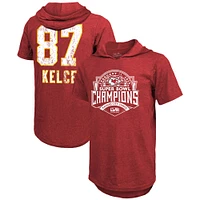 Majestic Threads pour hommes Travis Kelce Rouge Kansas City Chiefs Super Bowl LVIII Nom et numéro du joueur T-shirt à capuche tri-mélange