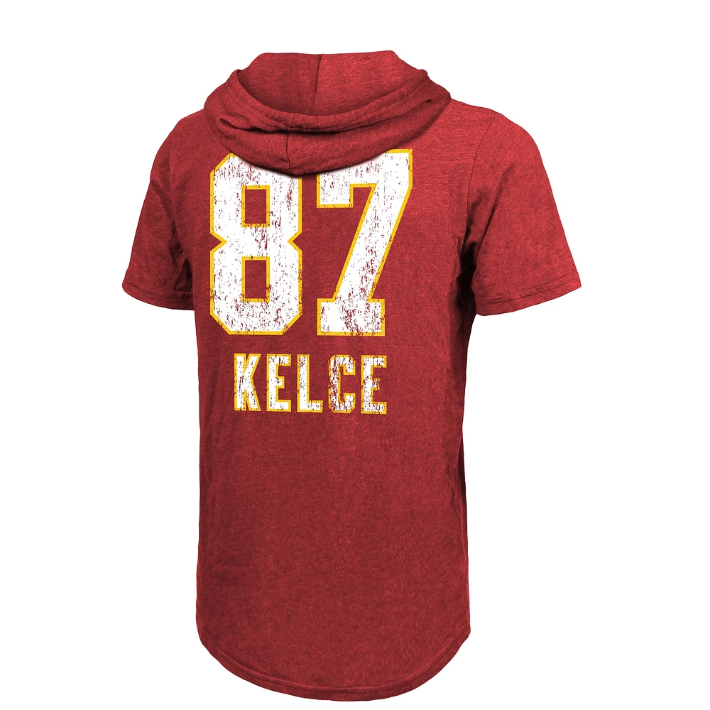 Majestic Threads pour hommes Travis Kelce Rouge Kansas City Chiefs Super Bowl LVIII Nom et numéro du joueur T-shirt à capuche tri-mélange