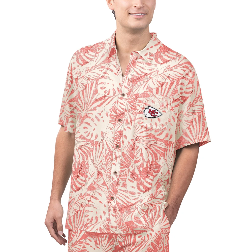 Chemise boutonnée de fête à imprimé Monstera lavée au sable des Chiefs Kansas City rouge Margaritaville pour hommes