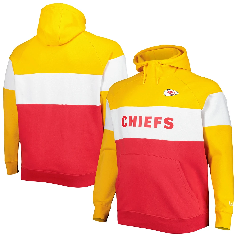 Men's New Era Gold/Red Kansas City Chiefs Big & Tall Current Team Colorblock Fleece Raglan Pullover Hoodie