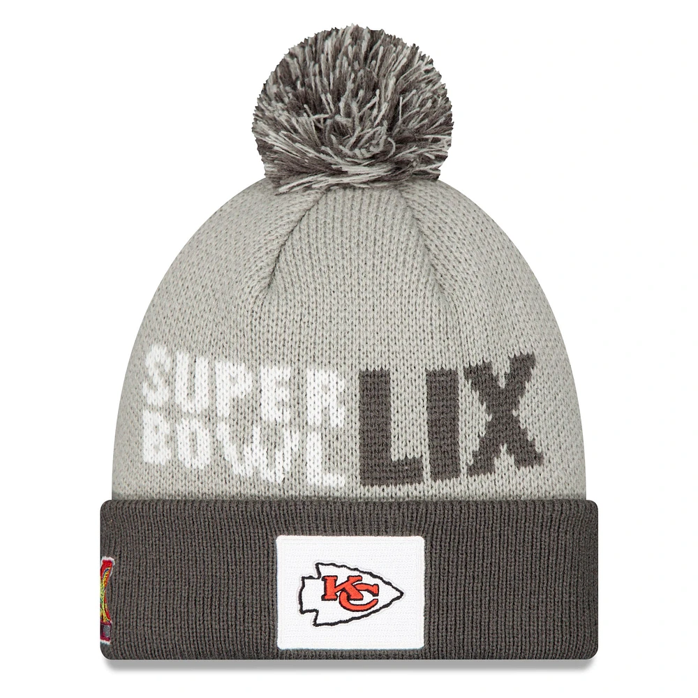 Men's New Era Gray Kansas City Chiefs Super Bowl LIX Opening Night Knit Hat with Pom