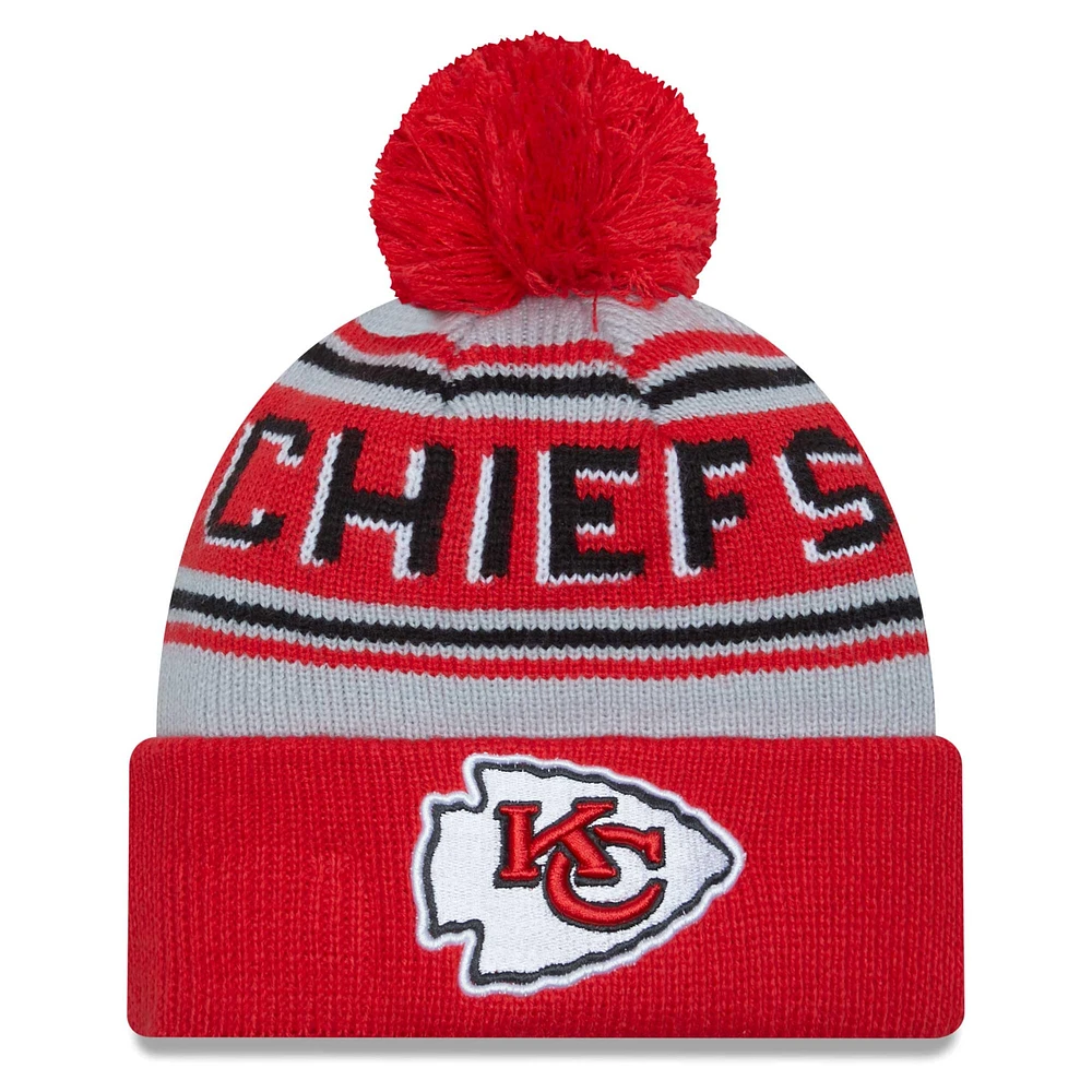 Bonnet en tricot à revers principal pour hommes New Era rouge des Kansas City Chiefs avec pompon