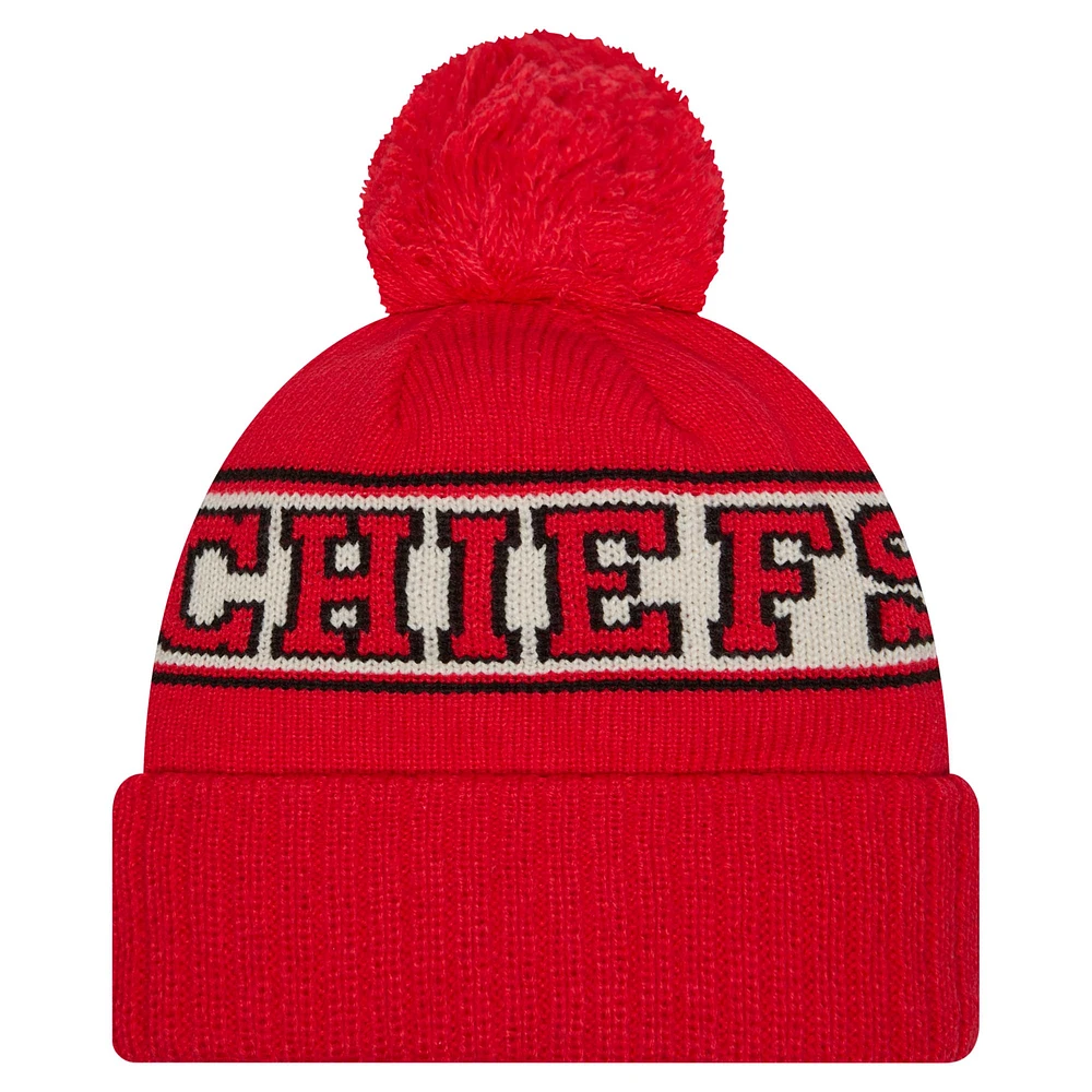 Bonnet en tricot à revers rétro Kansas City Chiefs rouge New Era pour homme avec pompon