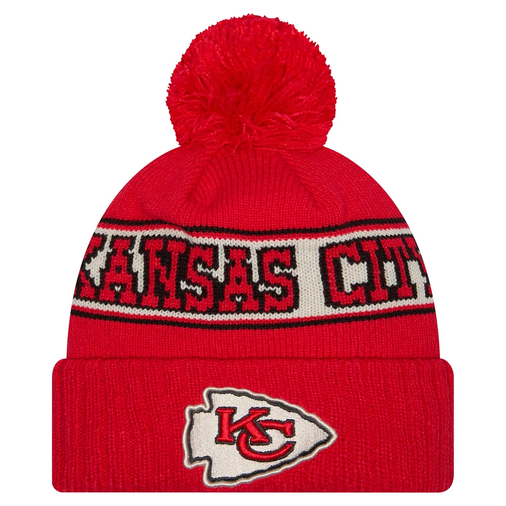 Bonnet en tricot à revers rétro Kansas City Chiefs rouge New Era pour homme avec pompon