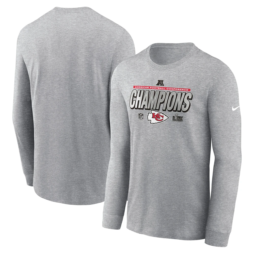 Men's Nike  Heather Gray Kansas City Chiefs 2024 AFC Champions Locker Room Trophy Collection Long Sleeve T-Shirt