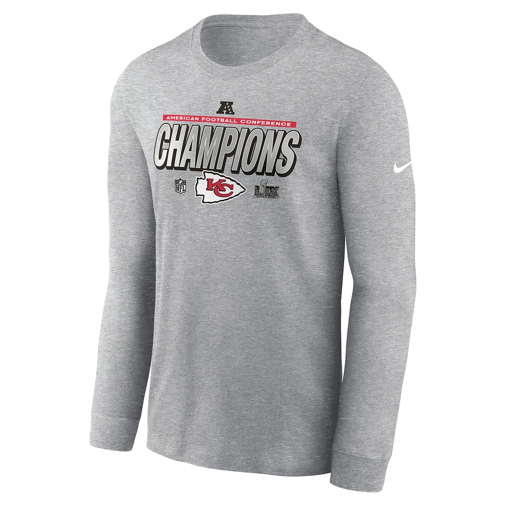 Men's Nike  Heather Gray Kansas City Chiefs 2024 AFC Champions Locker Room Trophy Collection Long Sleeve T-Shirt