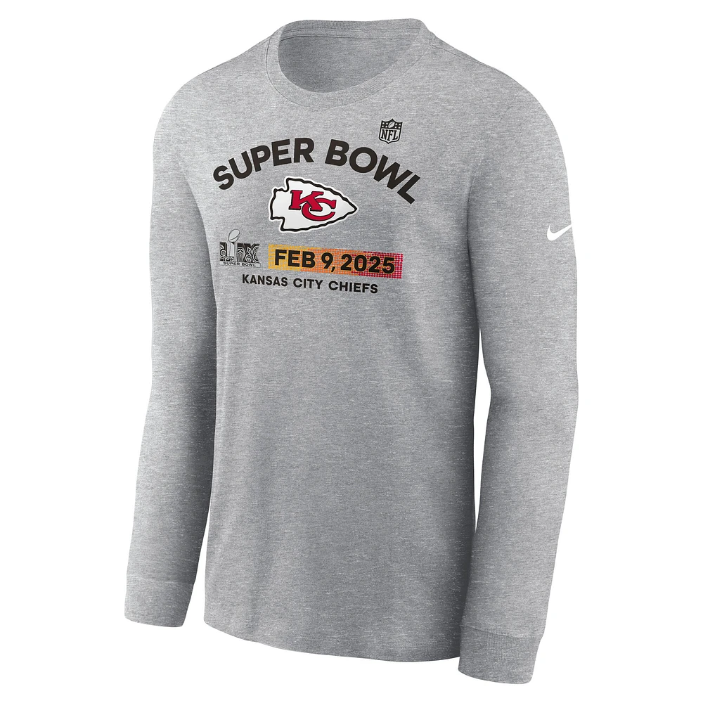 Men's Nike  Heather Gray Kansas City Chiefs Super Bowl LIX Team Logo Long Sleeve T-Shirt