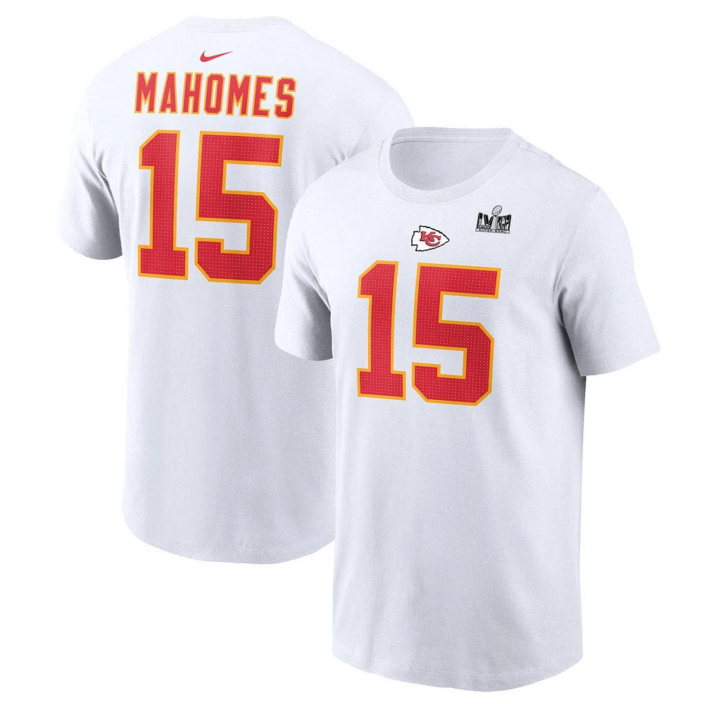 T-shirt Nike Patrick Mahomes pour hommes, blanc, Kansas City Chiefs, Super Bowl LVIII, patch, nom et numéro du joueur