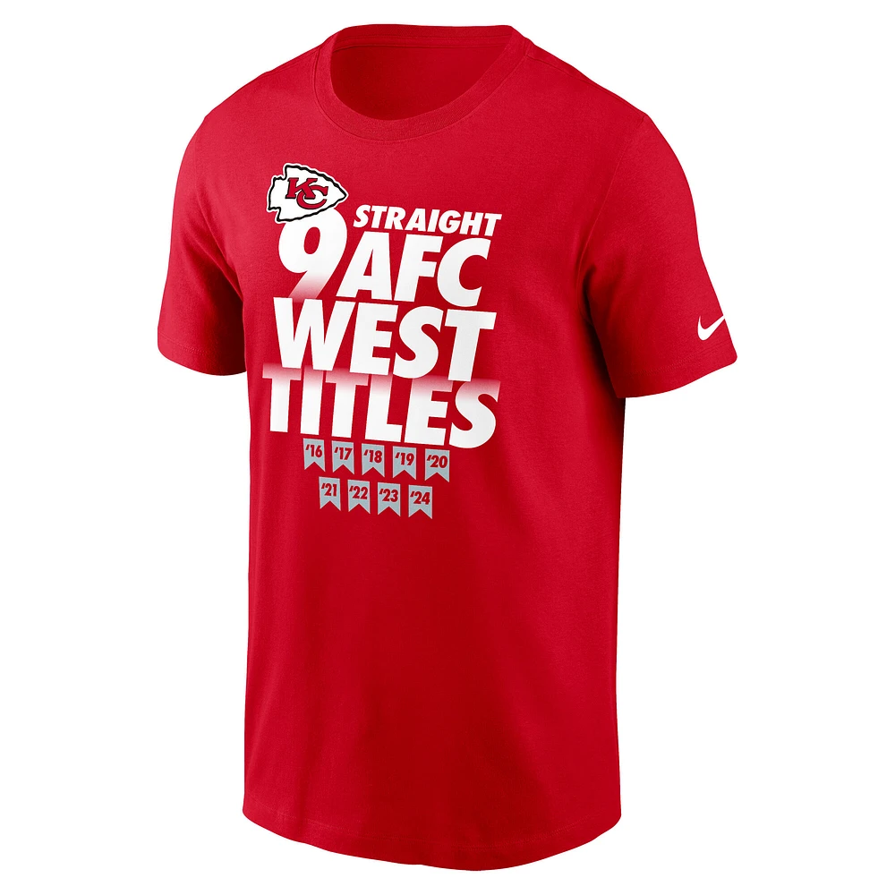 T-shirt Nike rouge pour homme Kansas City Chiefs, neuf fois champion consécutif de la division ouest l'AFC