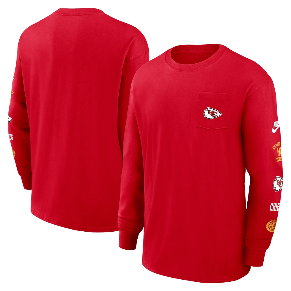 T-shirt à manches longues Nike pour hommes, rouge, Kansas City Chiefs Rewind Heavy Max 90 Pocket