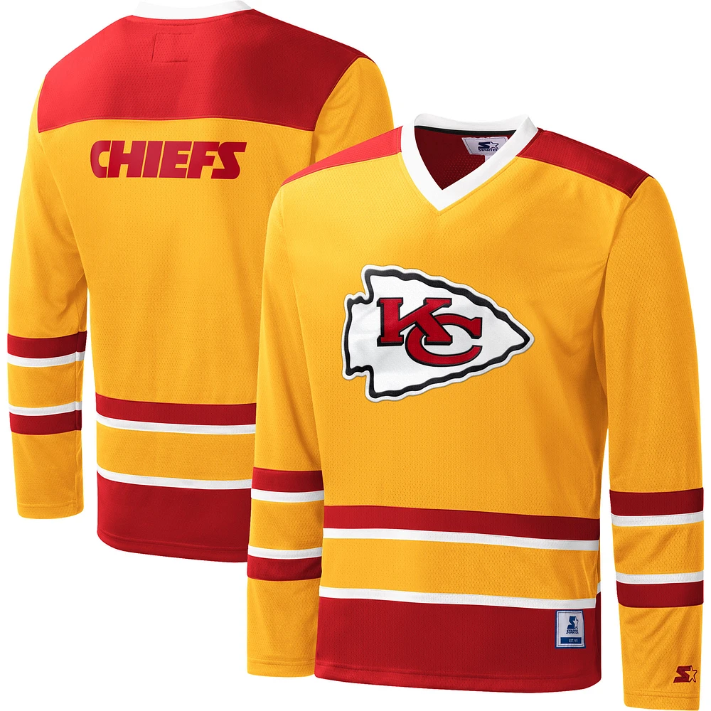 T-shirt à manches longues et col en V carreaux croisés des Chiefs de Kansas City Starter Gold pour homme