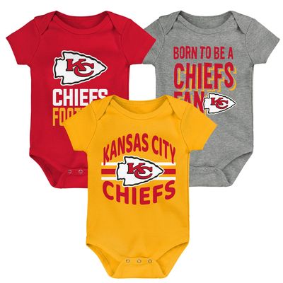Newborn & Infant Red/Yellow/Heathered Gray Kansas City Chiefs Three-Piece 3rd Down Goal - Bodysuit Set