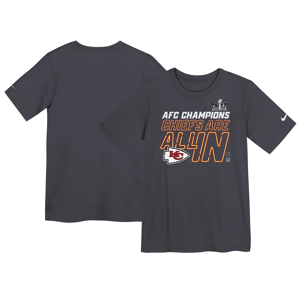 T-shirt de la collection trophées des vestiaires champions l'AFC 2023 Nike Anthracite pour enfants d'âge préscolaire Kansas City Chiefs