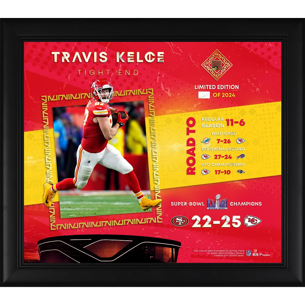 Travis Kelce Kansas City Chiefs Super Bowl LVIII Champions Framed 15" x 17" Collage with a Piece of Game-Used Football - Limited Edition of 2024