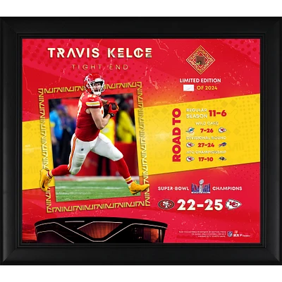 Travis Kelce Kansas City Chiefs Super Bowl LVIII Champions Framed 15" x 17" Collage with a Piece of Game-Used Football - Limited Edition of 2024