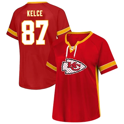 Women's Fanatics Travis Kelce Red Kansas City Chiefs Plus Name & Number Lace-Up T-Shirt