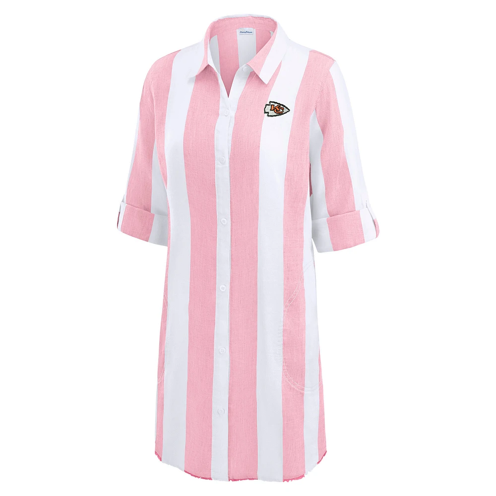 Women's Tommy Bahama  Pink/White Kansas City Chiefs Rugby Beach Stripe Button-Up Tunic