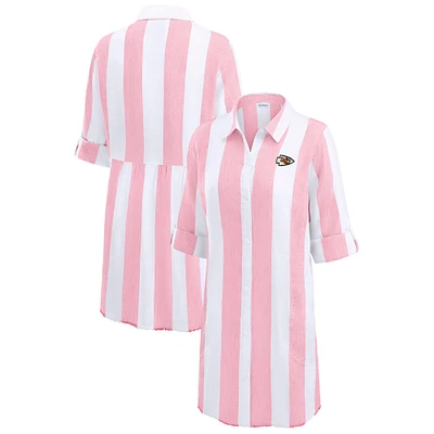 Women's Tommy Bahama  Pink/White Kansas City Chiefs Rugby Beach Stripe Button-Up Tunic