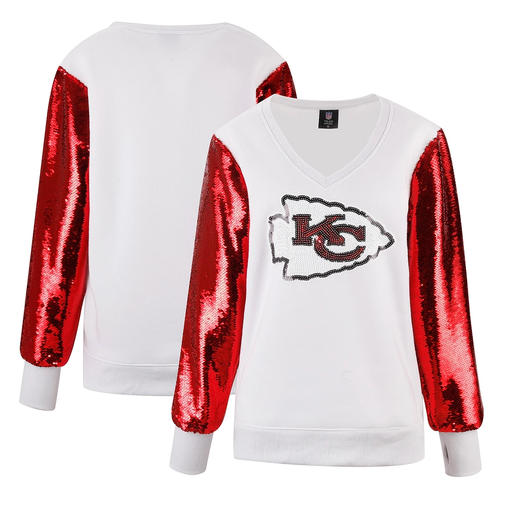 Sweat-shirt à col en V et manches sequins Cuce White Kansas City Chiefs pour femme