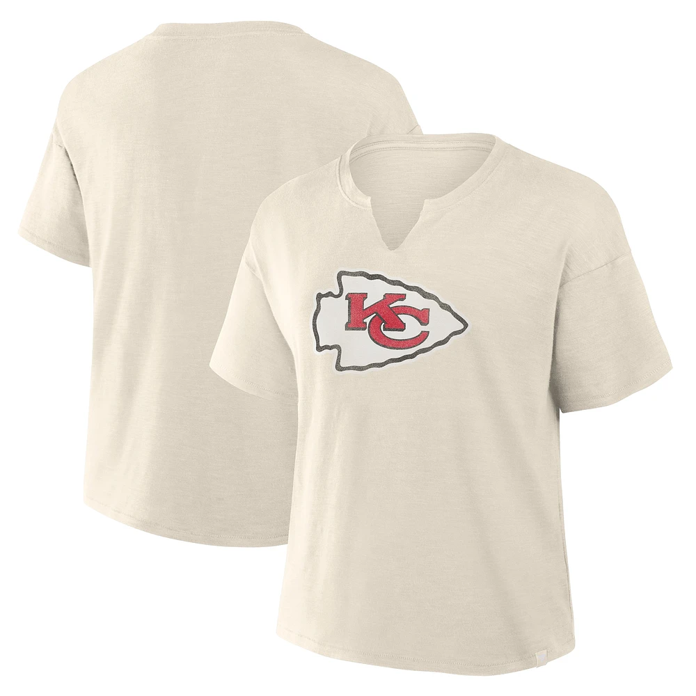 T-shirt à col en V flammé pour femme Fanatics Cream Kansas City Chiefs