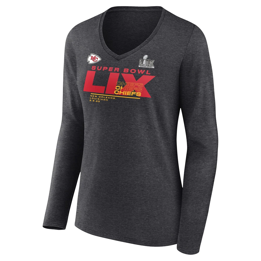 Women's Fanatics Heather Charcoal Kansas City Chiefs Super Bowl LIX Quick Pass Long Sleeve V-Neck T-Shirt