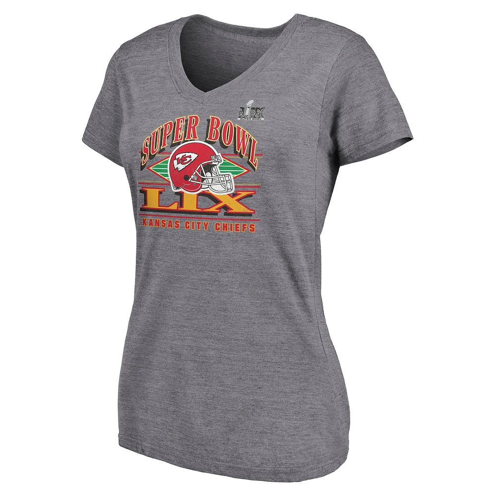 Women's Fanatics Heather Gray Kansas City Chiefs Super Bowl LIX Our Pastime Tri-Blend V-Neck T-Shirt