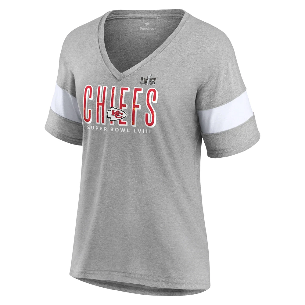 Fanatics pour femmes de marque Heather Grey Kansas City Chiefs Super Bowl LVIII Cheer Section Tri-Blend T-shirt à la mode col en V