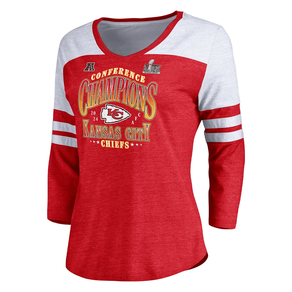 Women's Fanatics Heather Red Kansas City Chiefs 2024 AFC Champions Tri-Blend 3/4 Sleeve V-Neck T-Shirt