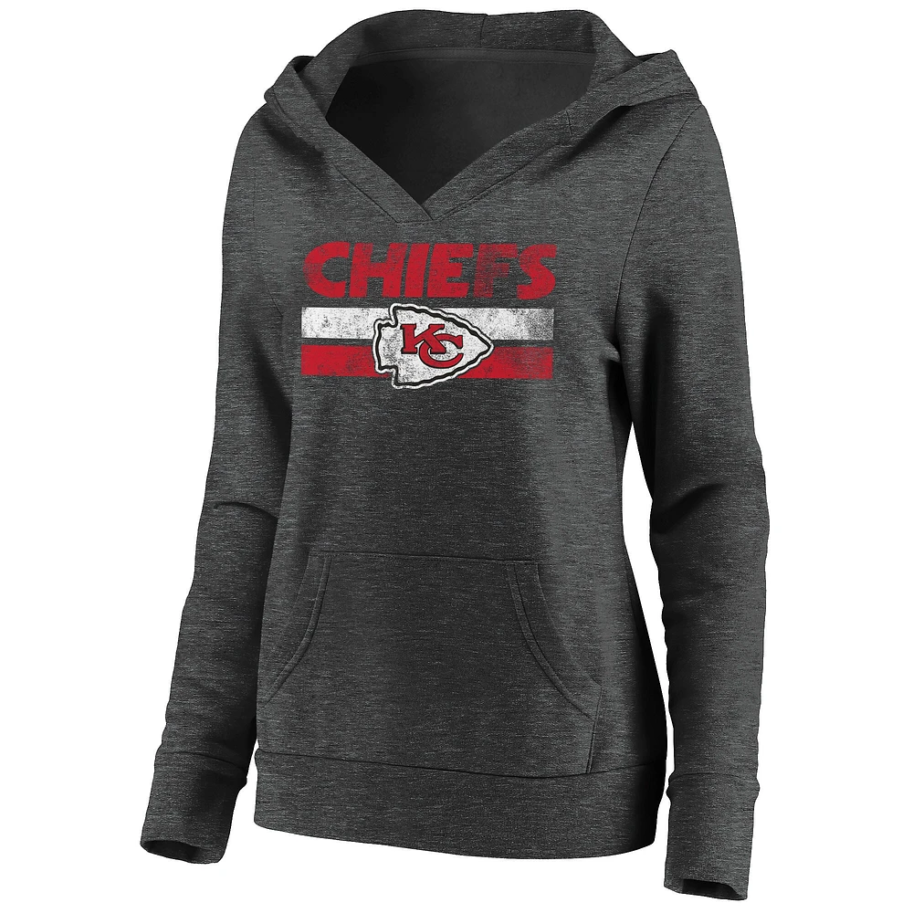 Chandail à capuche col en V avec cordon de serrage First String des Kansas City Chiefs Fanatics Heathered Charcoal pour femmes