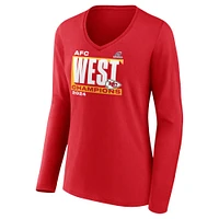 T-shirt à manches longues et col en V pour femme Fanatics Red Kansas City Chiefs 2024 AFC West Division Champions Conquer