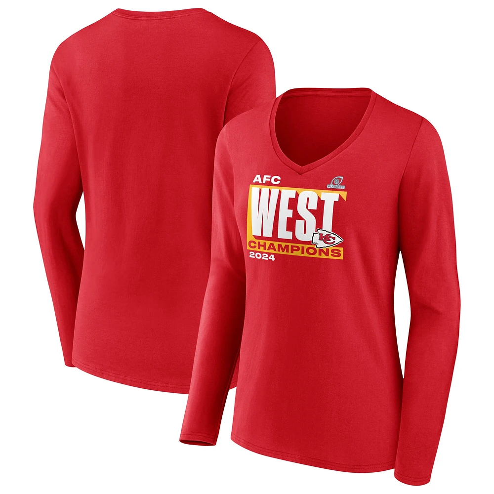 Women's Fanatics Red Kansas City Chiefs 2024 AFC West Division Champions Conquer Long Sleeve V-Neck T-Shirt